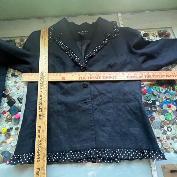 Spanner Blazer Size 8 Linen Button Front Jacket Polka Dot Ruffle Black White - Picture 8 of 9